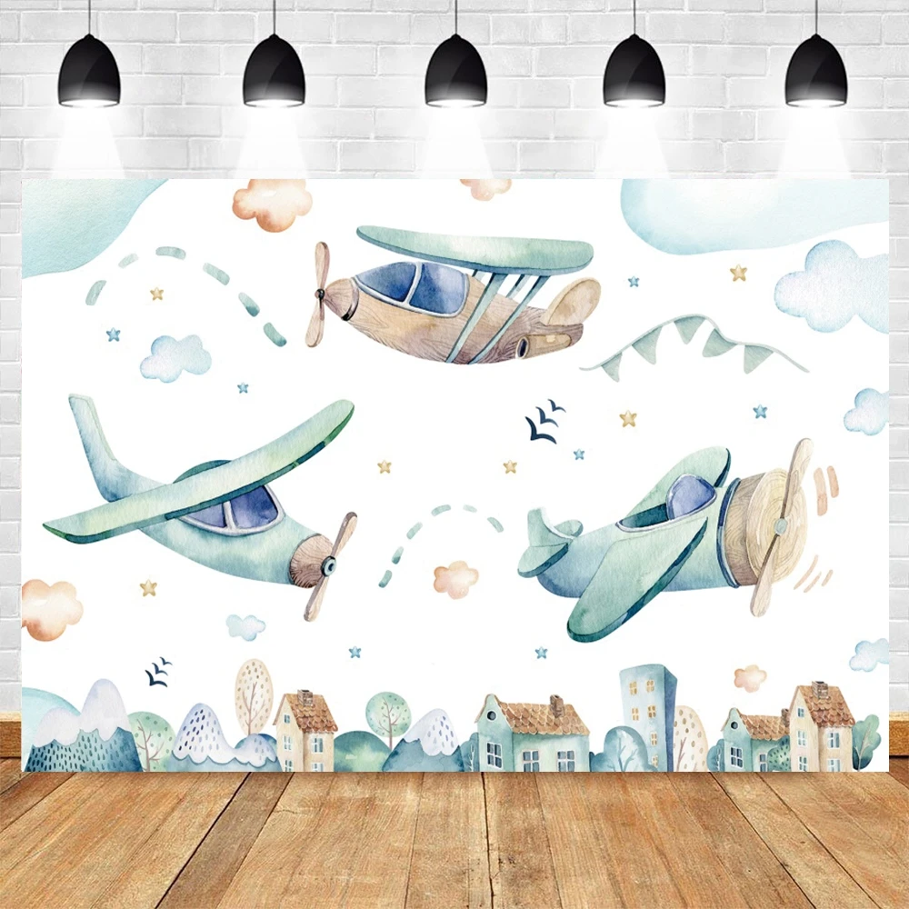 Baby Birthday Aircraft Backdrop Airplane Adventure Car Hot air Balloon Clouds Baby Shower Birthday Party Background Photo Studio