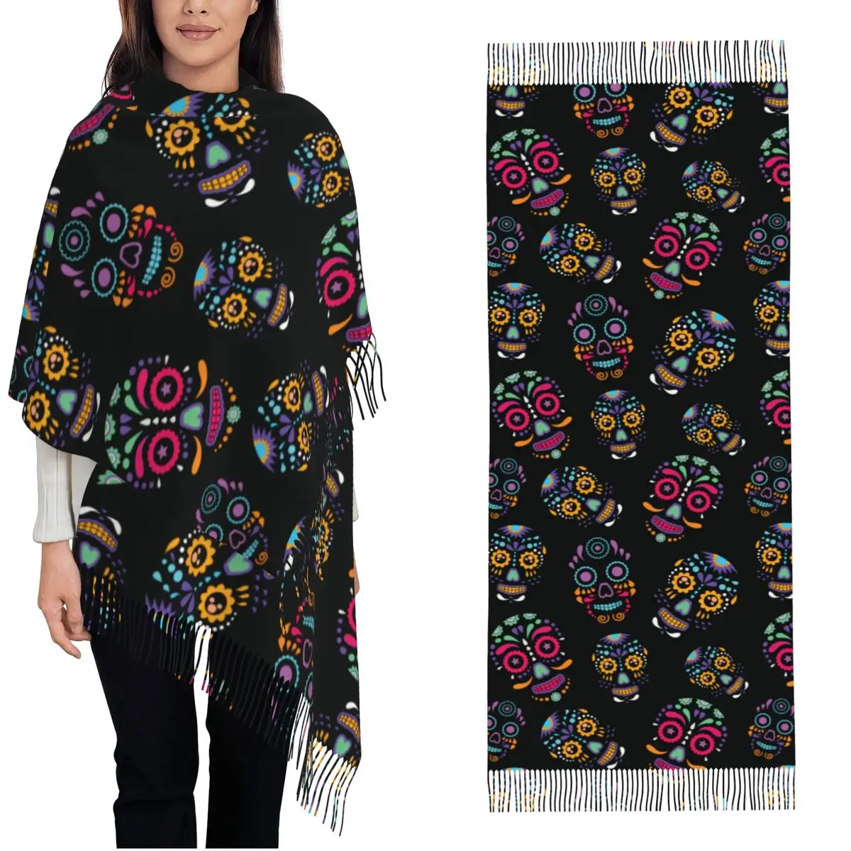 Womens Scarf with Tassel Day Of The Dead Colorful Sugar Skull Large Shawl Wrap Dia De Muertos Calavera Daily Wear Cashmere Scarf