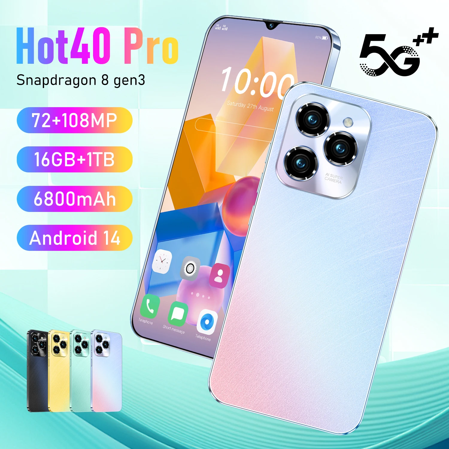 Global Version Hot40 Pro 5G Smartphone Android 6.8-inch 16GB +1TB Dual SIM 6800mAh 72+108MP Camera Original Mobile phones