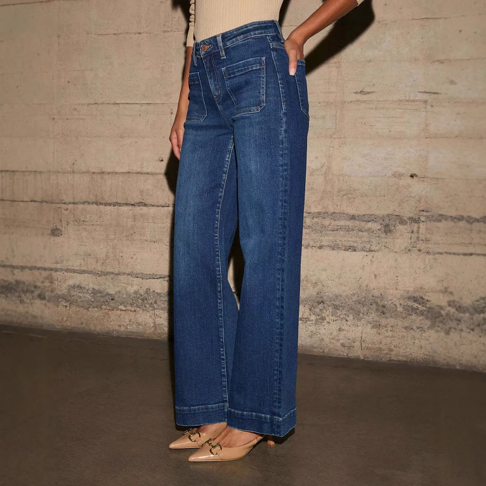 European American Vintage New Fashion Women Spliced Super Stretchy Simple Basic Casual Daily Loose Fit Denim Trousers Female