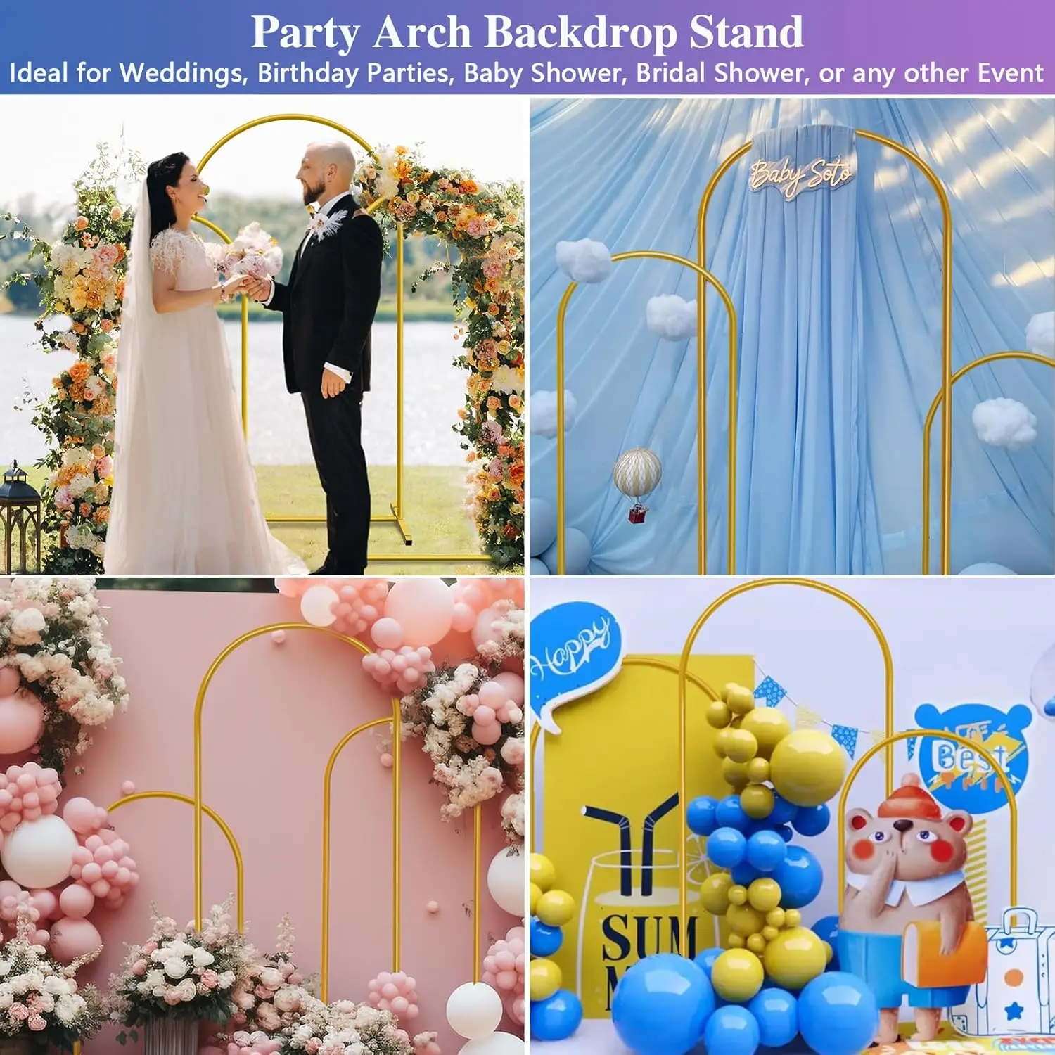 Hemmotop Metal Arch Backdrop Stand Set of 3, 6FT, 5FT, 4FT Party Arch Stands for Wedding, Birthday, Baby Shower, Bridal Shower - Balloon Arched Frame for Garden Decor, Gold Floral Arches, 3 Pieces - view 5