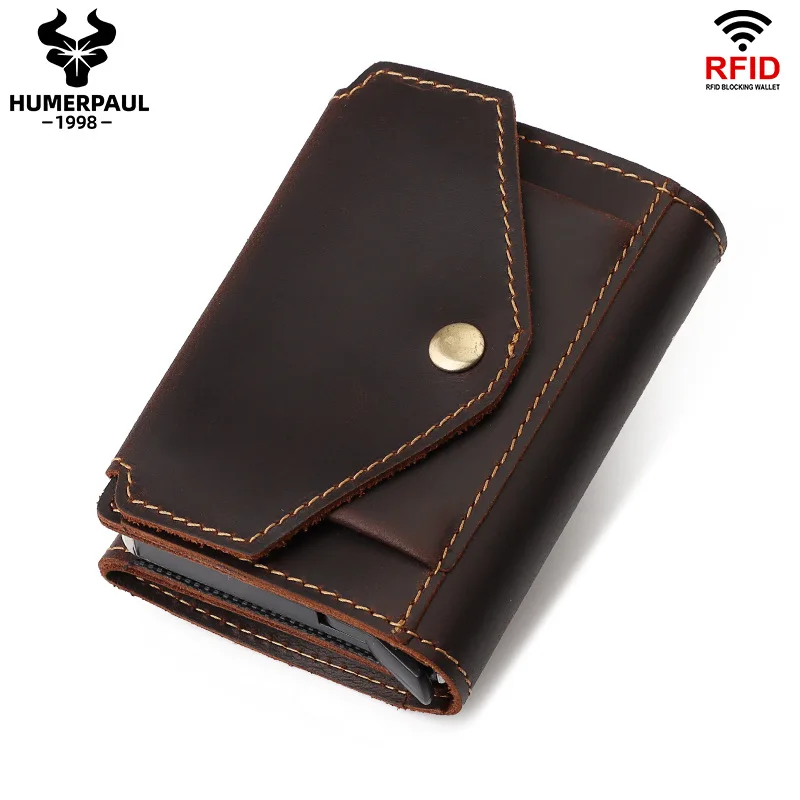 محفظة جلدية للعملات المعدنية من Crazy Horse، صندوق بطاقات RFID من الجلد الطبيعي بإبزيم مربع، فرشاة أمان ائتمان محمولة، محفظة صغيرة للأعمال #5