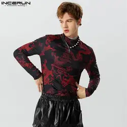 INCERUN Men T Shirts Vintage Printing Turtleneck Long Sleeve Autumn Casual Camisetas Streetwear 2023 Fitness Undershirt S-5XL