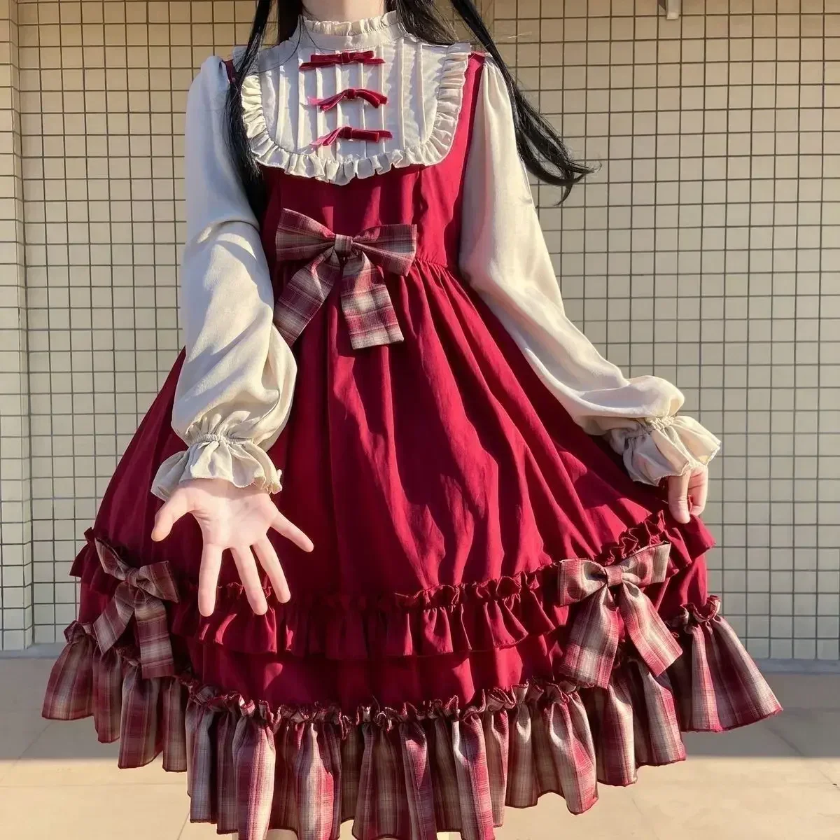 Chapeuzinho vermelho original Lolita vestido de manga comprida para meninas, OP bonito arco, ano novo, verão e outono