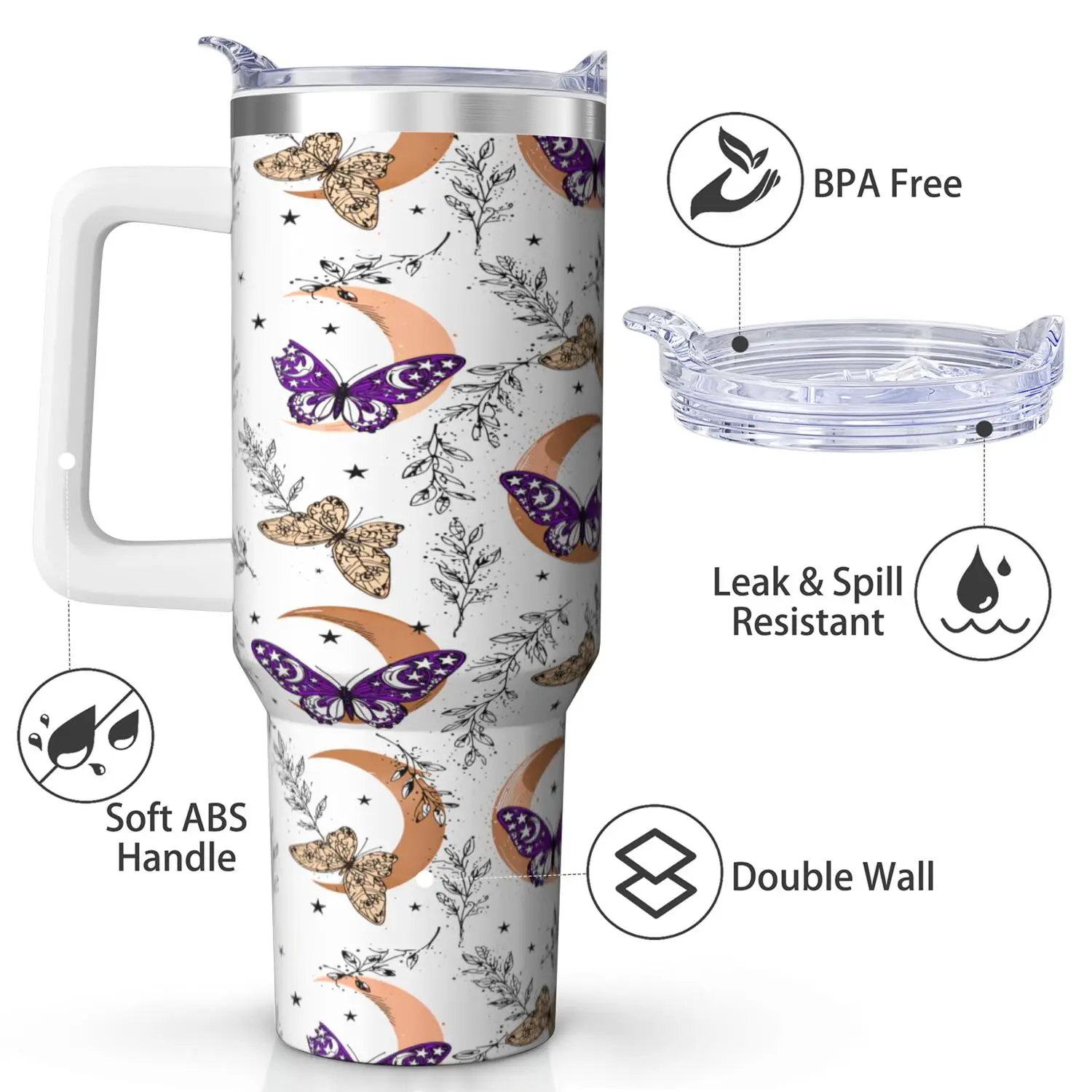 Butterfly Handle Cup Set with Straw | Maximum Capacity 40 Oz, Inner Layer 304 Stainless Steel, Outer Layer 201 Stainless Steel, Seamless Inner Liner, Lid Made of PC Material, Suitable for Home, Office, Outdoor, Sports, and Car Use