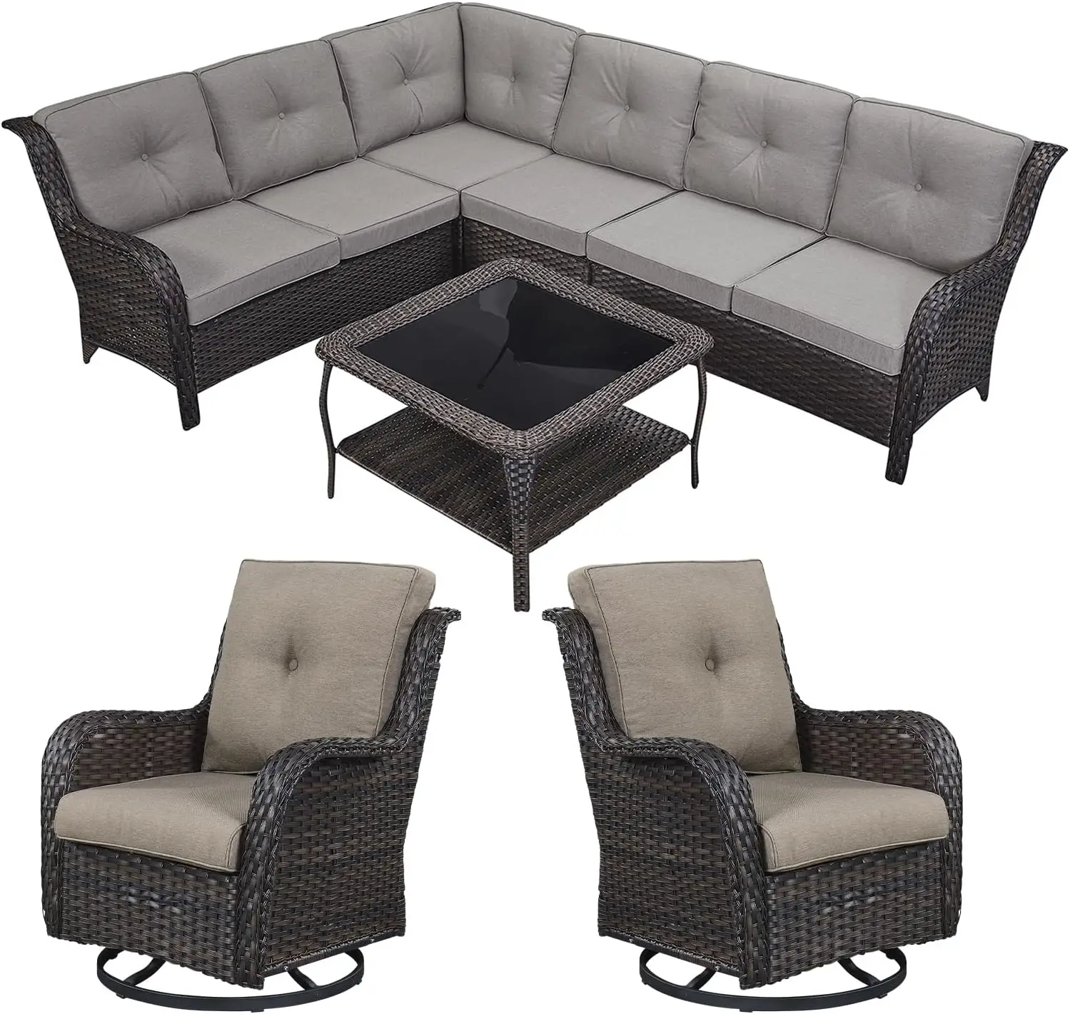 Wicker Patio Furniture Set - 8 Seater Rattan Outdoor Conversation Sets With 2 Swivel Chairs,2 Loveseat,1 Corner Sofa,1 Armless