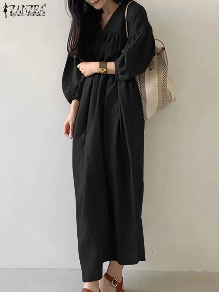 ZANZEA Women Causal Maxi Long Dress Femme Puff Sleeve Holiday Robe Fashion Summer Dress Vintage Loose Pleated Vestidos Oversize