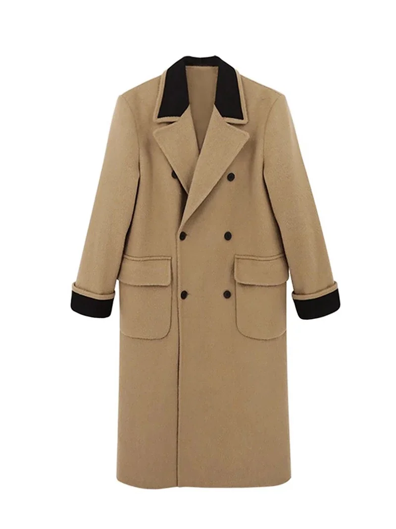 Solid and Stylish Vintage Wool Blend Coat for Women, Block-Color Long Jacket with Thickened Fabric for 2024 Autumn Winter