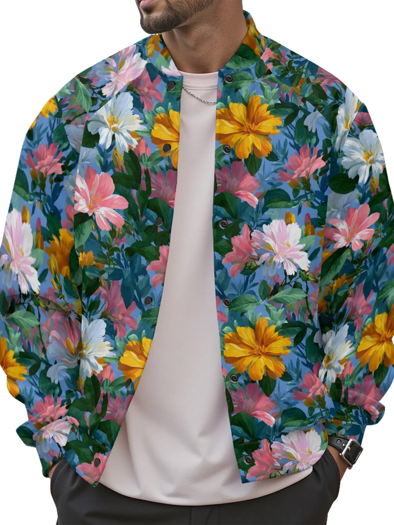 

Vibrant Tropical Floral Baseball Jackets Hawaiian Button-Up Outerwear Print Casual Korean Street Fashion Autumn Winter Outerwear