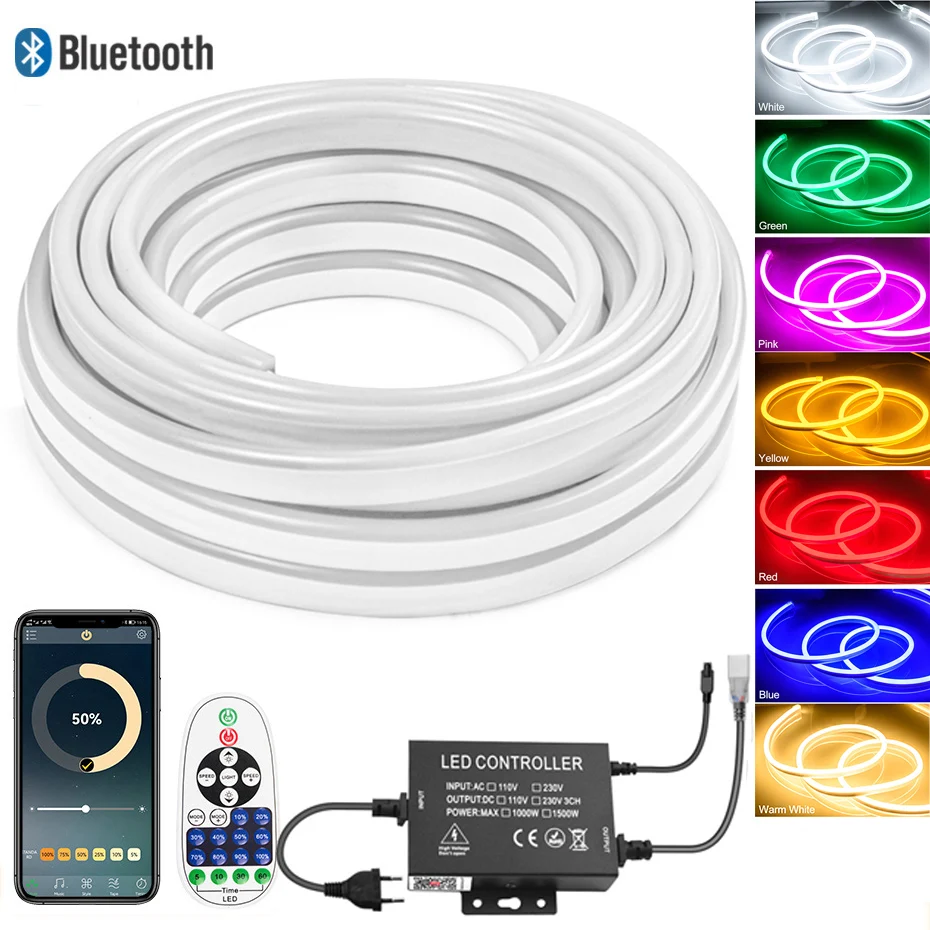 

EU 220V LED Neon Strip Waterproof Warm White Red Green 120LED/m Ribbon Tape Flexible Strip Light Bluetooth Tuya WiFi Alexa APP