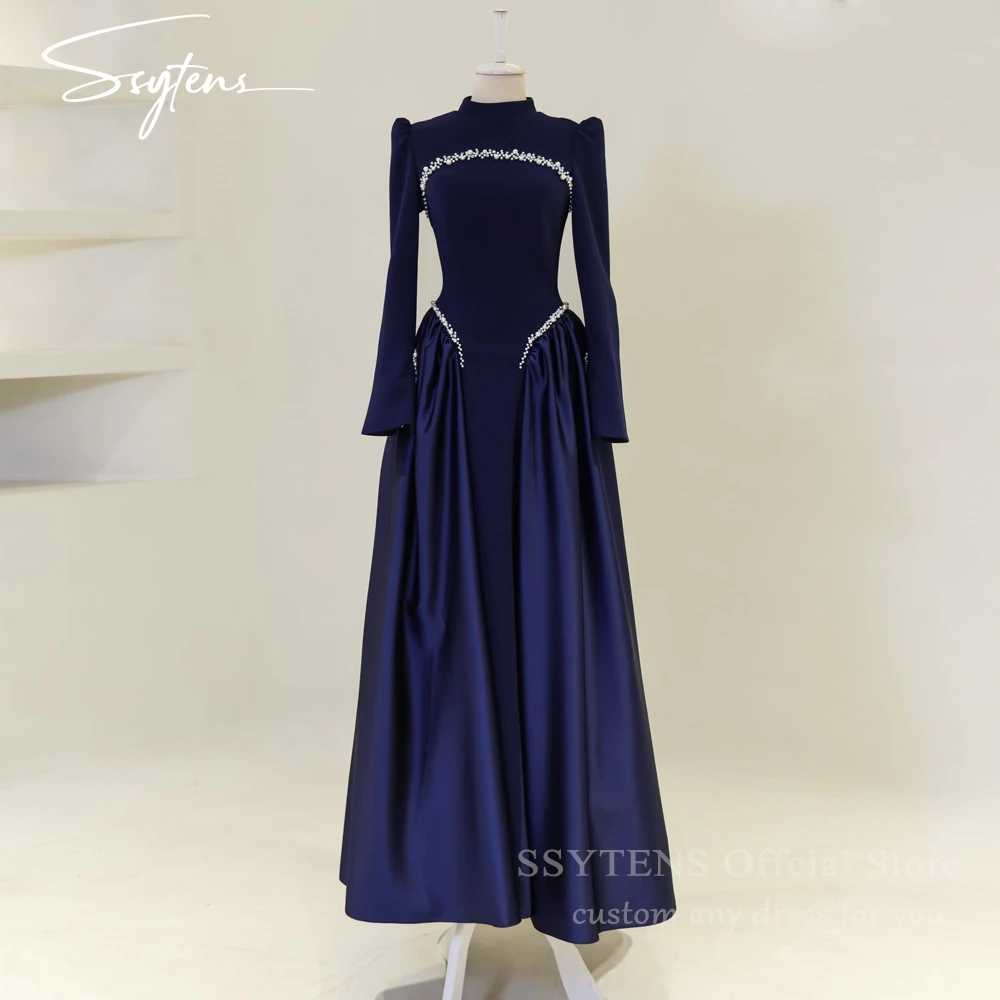 SSYTENS Blaue elegante Ballkleider, Stehkragen, lange Ärmel, A-Linie, Abendkleider, Perlen, Satin, muslimische formelle Kleider, Dubai, individuell