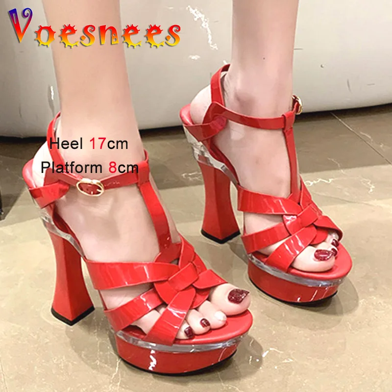 17CM Solid Color Party Shoes Red Crossband Fashion Super High Heels 2023 Summer New Square Heel Hollow Out Sandals Sexy Women's