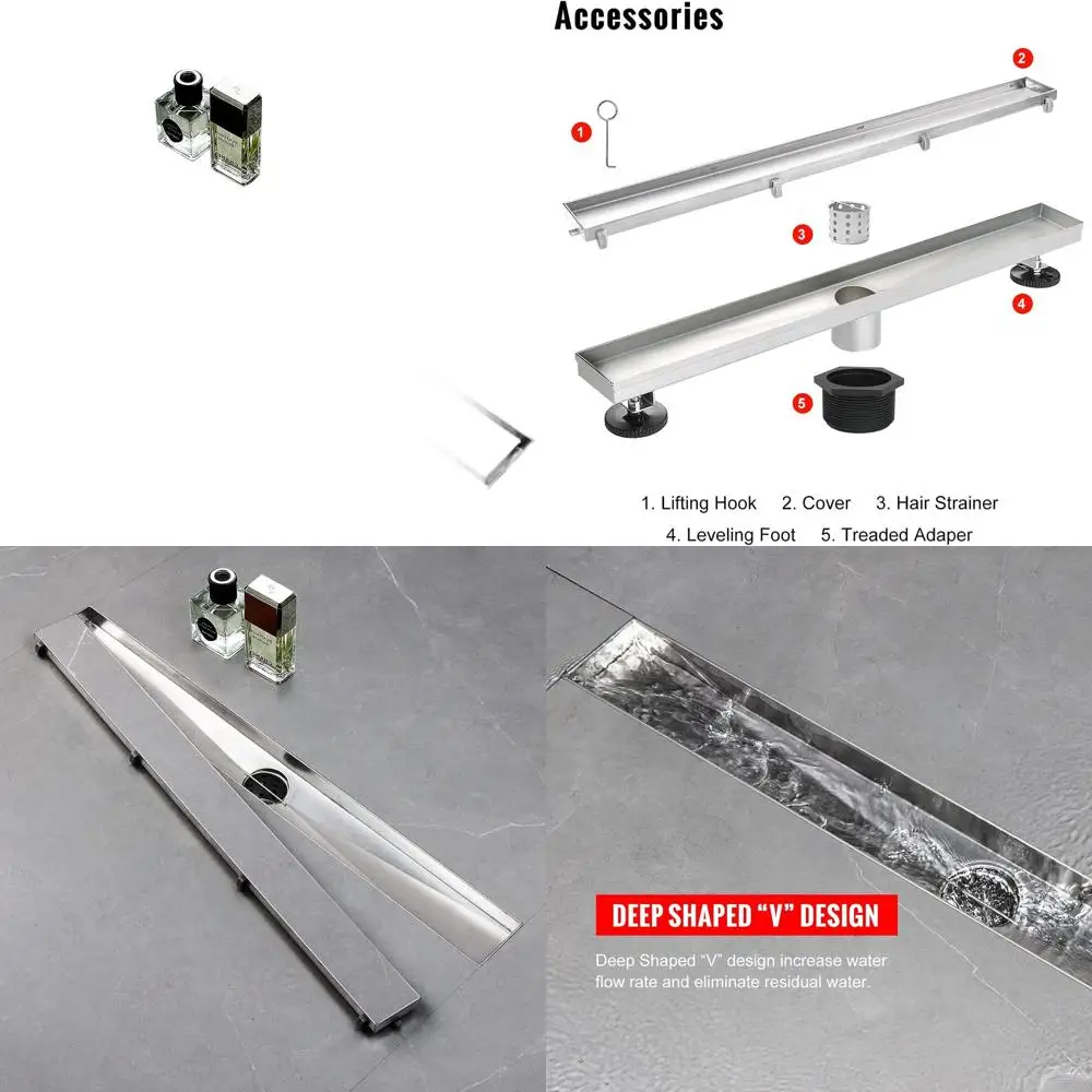 

28 Linear Shower Drain with Tile Insert, Brushed Stainless Steel, Adjustable Feet & Hair Filter