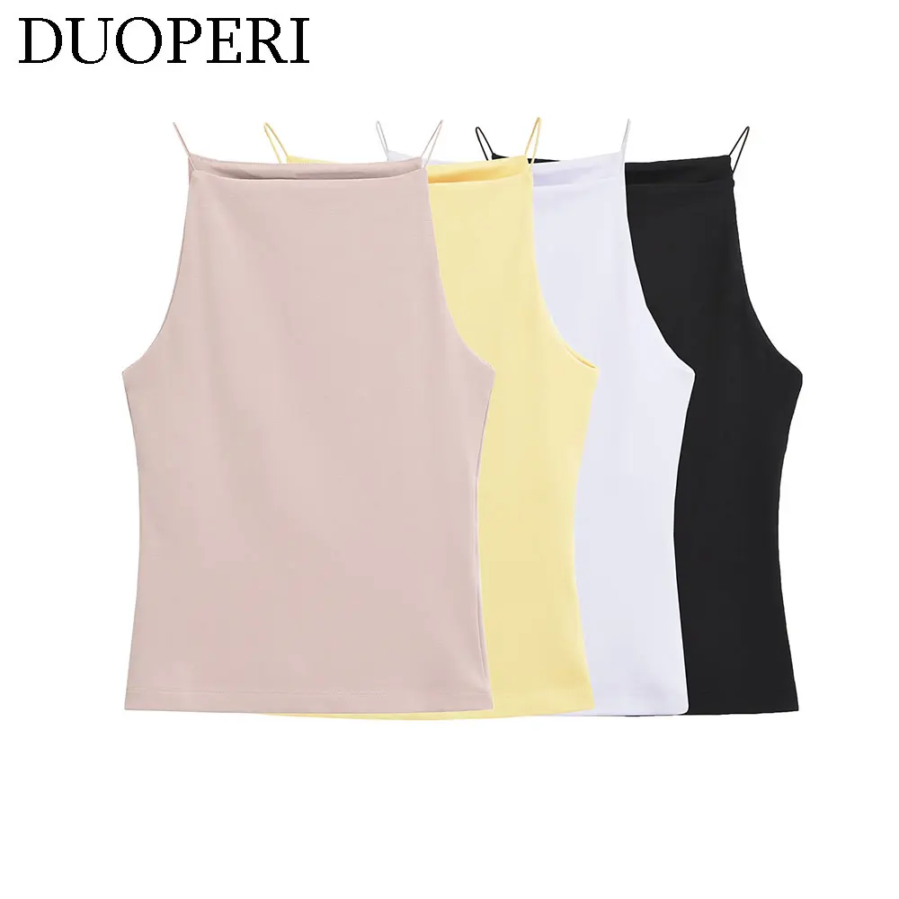 DUOPERI Women Fashion Solid Basic Camisole Thin Straps Square Neck Sleeveless Female Chic Lady Casual Tops Tank