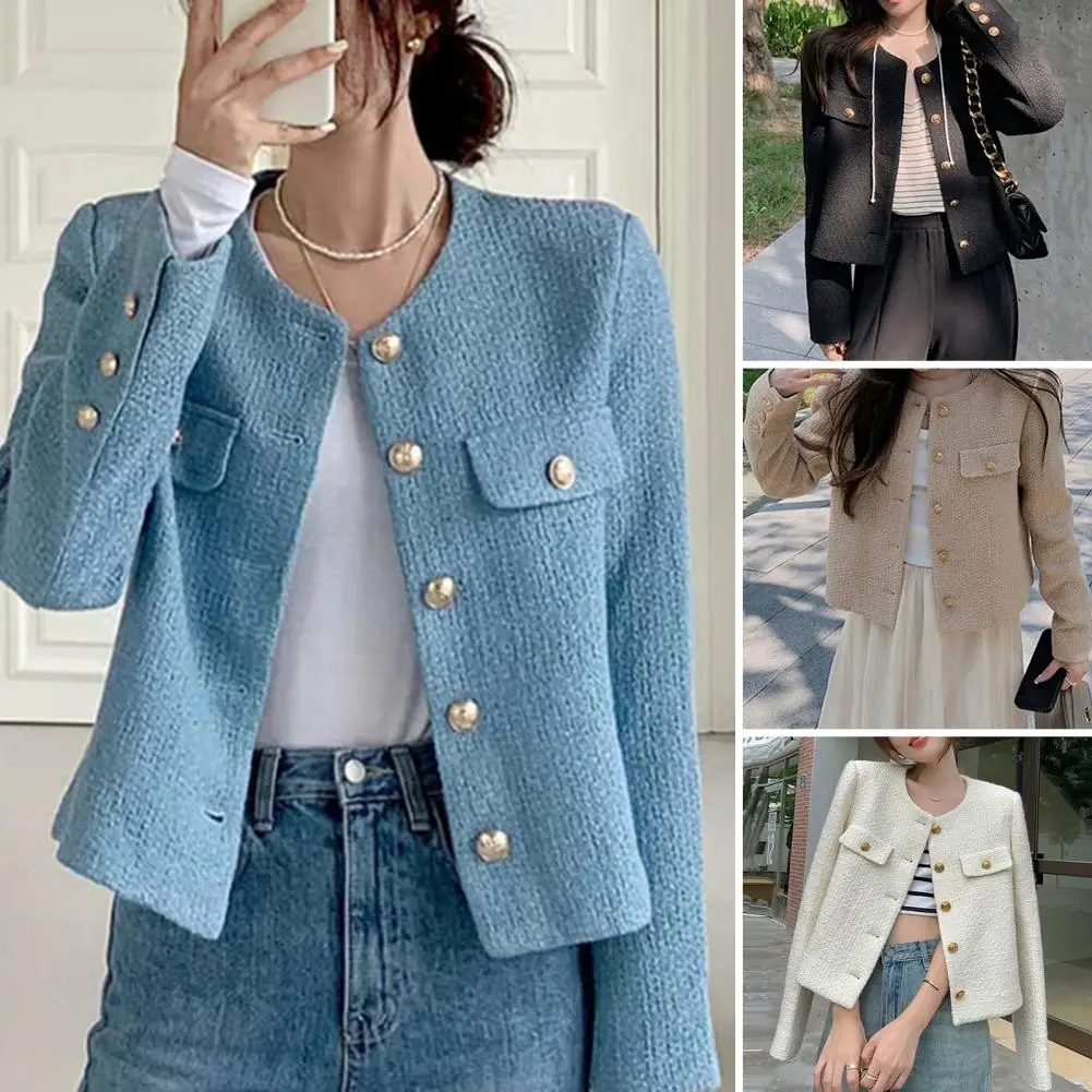 Jaket Crop wanita, mantel lengan panjang leher bulat, pakaian luar musim gugur dan dingin