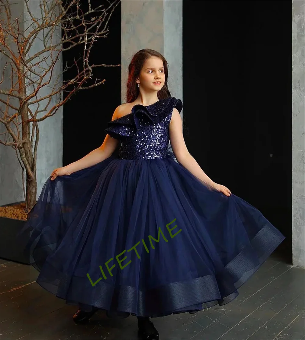 Eine Schulter Pailletten spqrkle Blumen mädchen Kleid für Hochzeit Tüll geschwollene elegante Kind erste eucharis tische Geburtstags feier Kleider