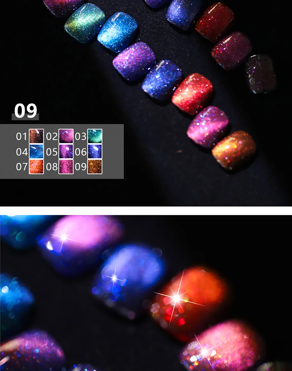 Vendeeni 9 Farben/Set Glitzernder Laser-Katzenaugen-Gel-Nagellack mit Diamant-Effekt, Glänzender Galaxy Magnetischer UV-Soak-Off Gel-Lack – Detail 6