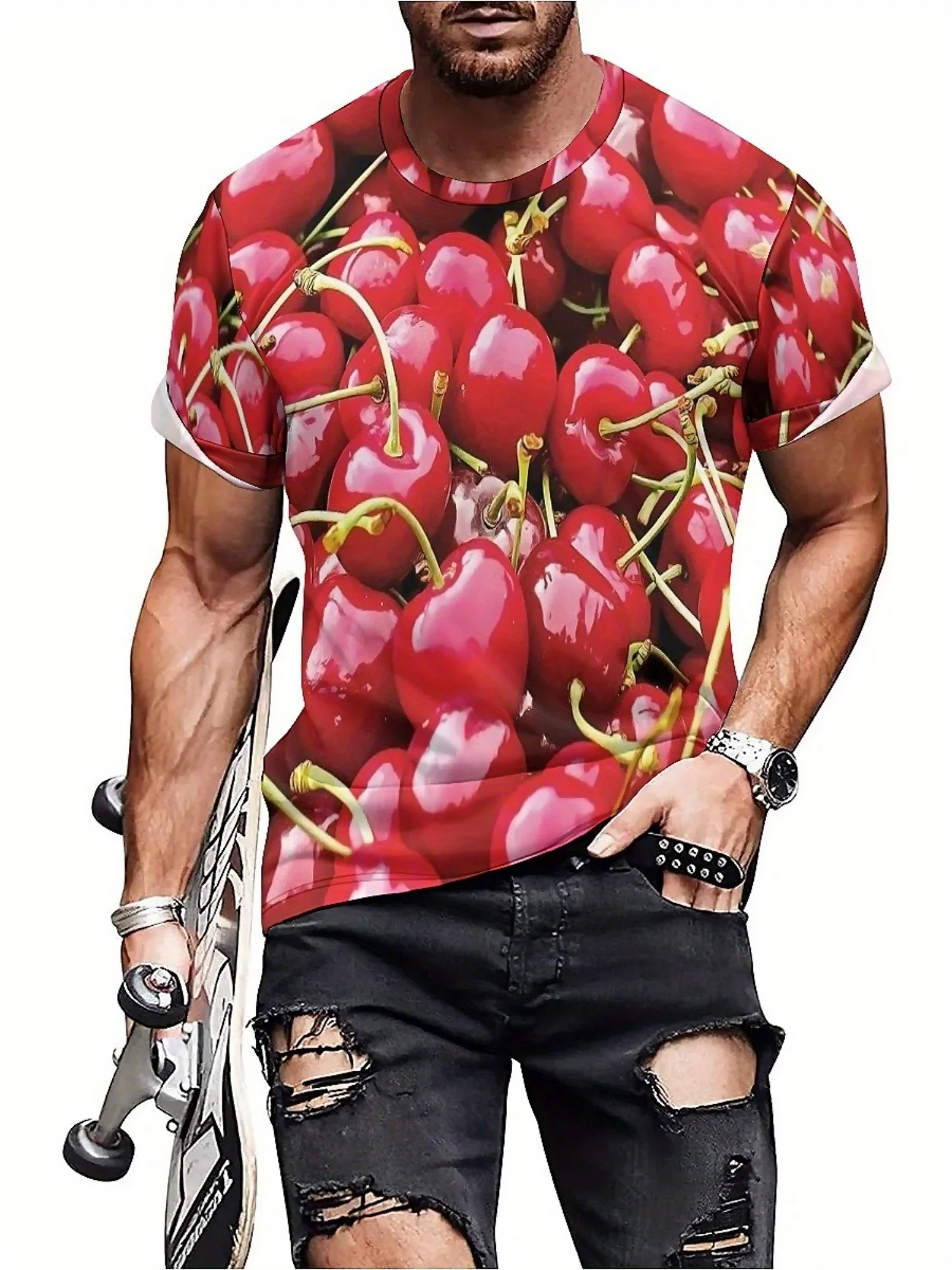 Men's 3D Print Geometric Abstract Art T-Shirt - Vibrant Red Cherry Design, High-Quality Polyester, Loose Fit Casual Streetwear