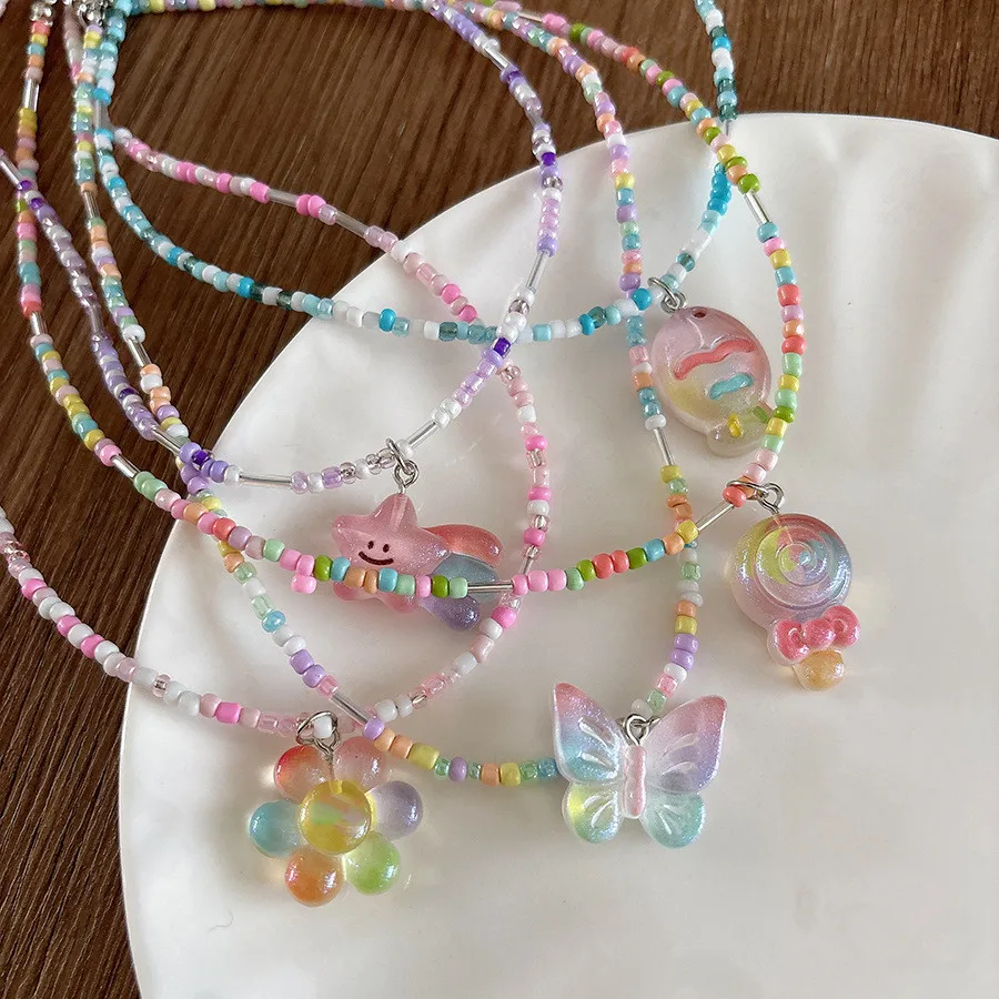 Girls Summer Jewelry Colorful Beaded Necklace DIY Cartoon Pendants Butterfly Star Clavicle Chain Unisex Kids Gift
