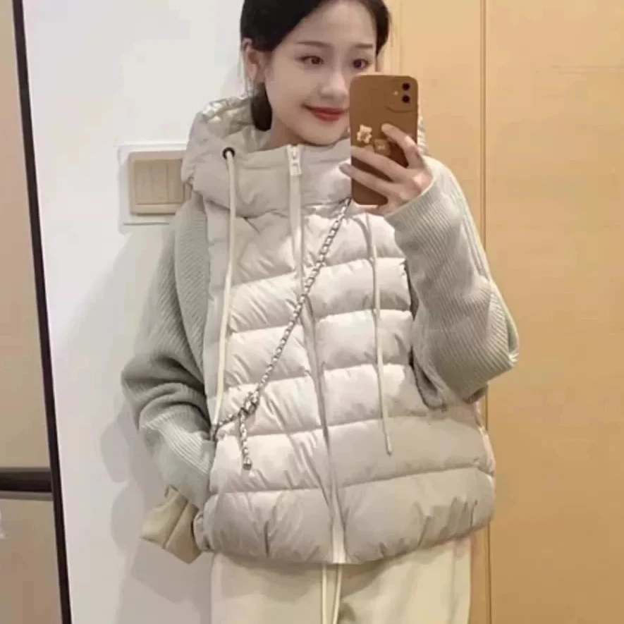 

Women Short Knitted Patchwork Down Cotton Jacket Autumn Winter Women Hooded Cotton Coat 2025 New Lightweight Short Parka Outwear