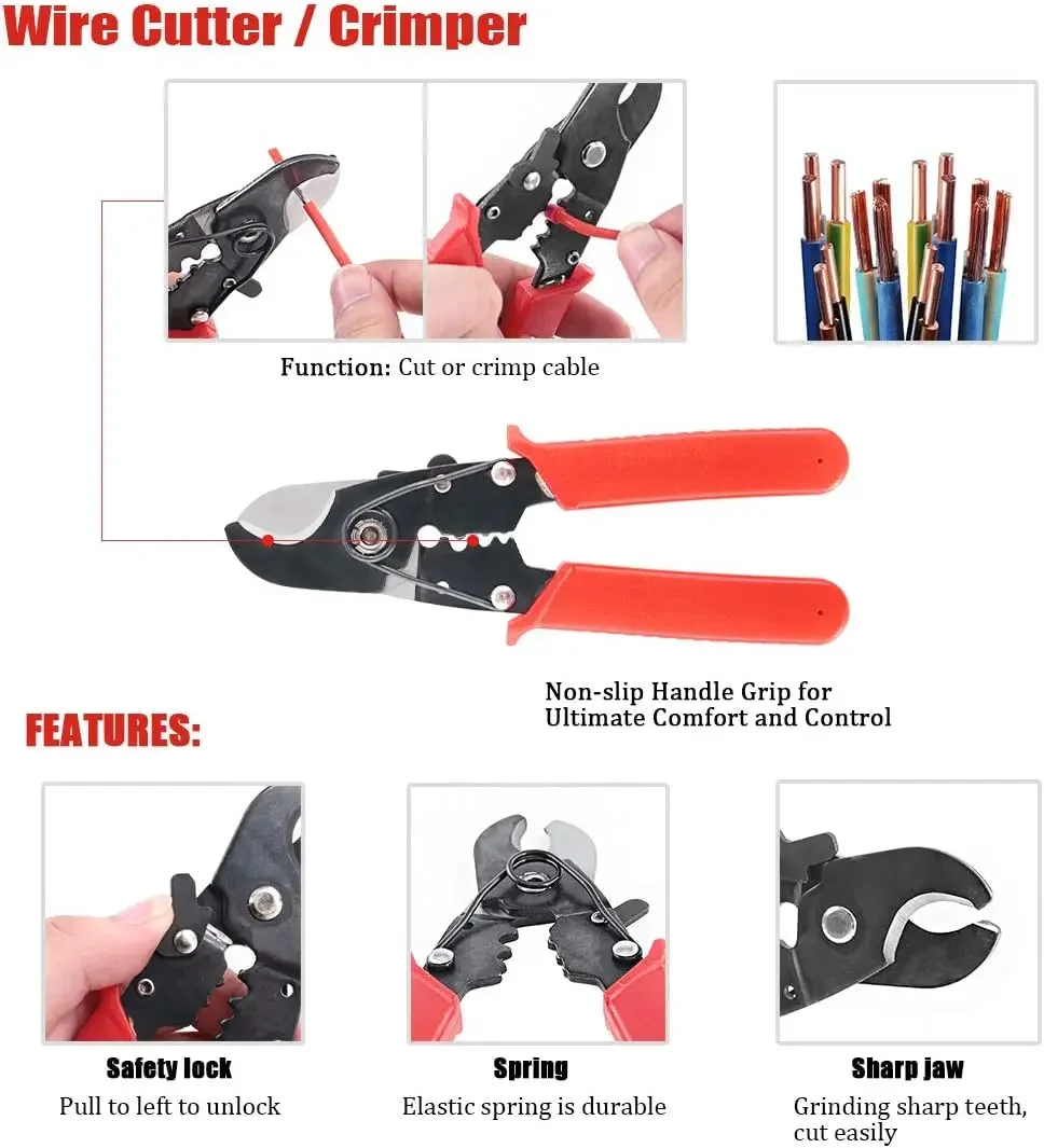 Solar Panel PV Cable Crimping Tool Kit for AWG14-10 2.5/4/6mm² with Stripper,Cutter,Solar Spanner and Solar Connectors