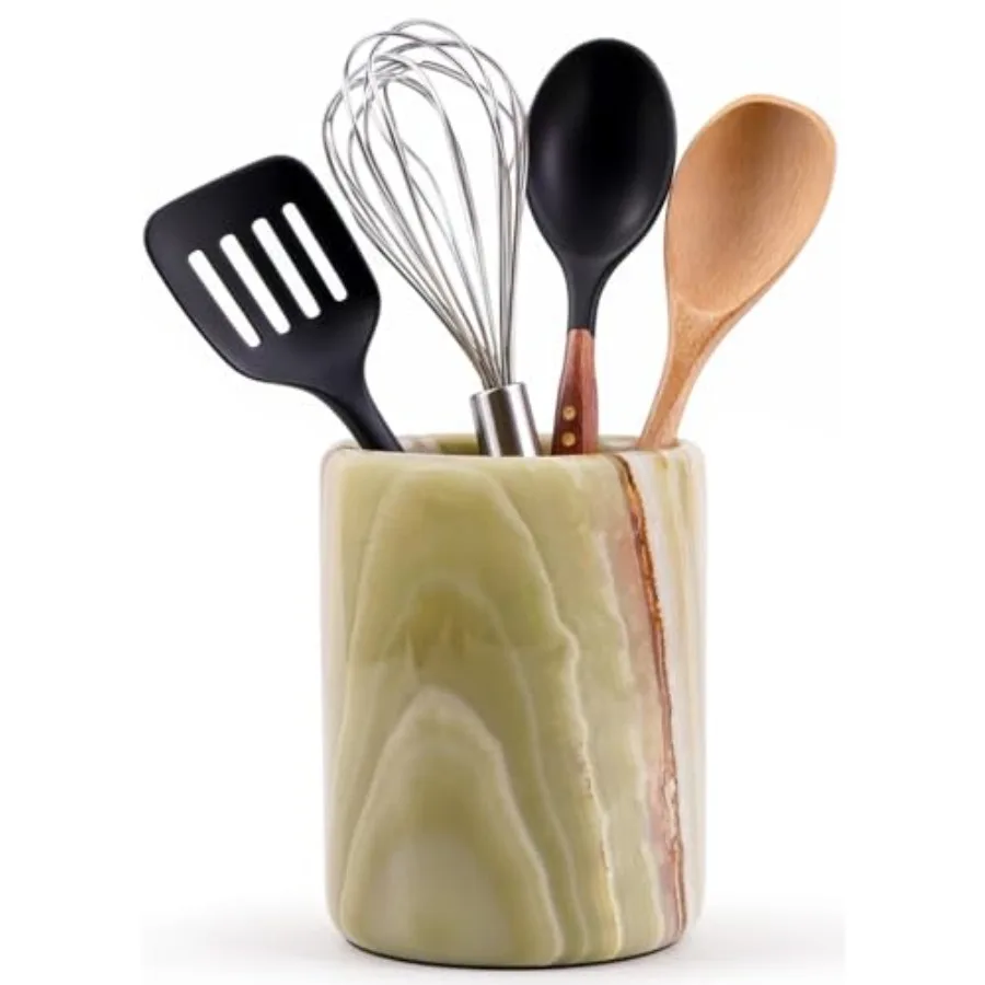 

Marble Utensil Holder 6.5 Inch Wooden Cooking Utensils Set and Spatula Organizer for Kitchen Counter, Stone Utensil Crock and C