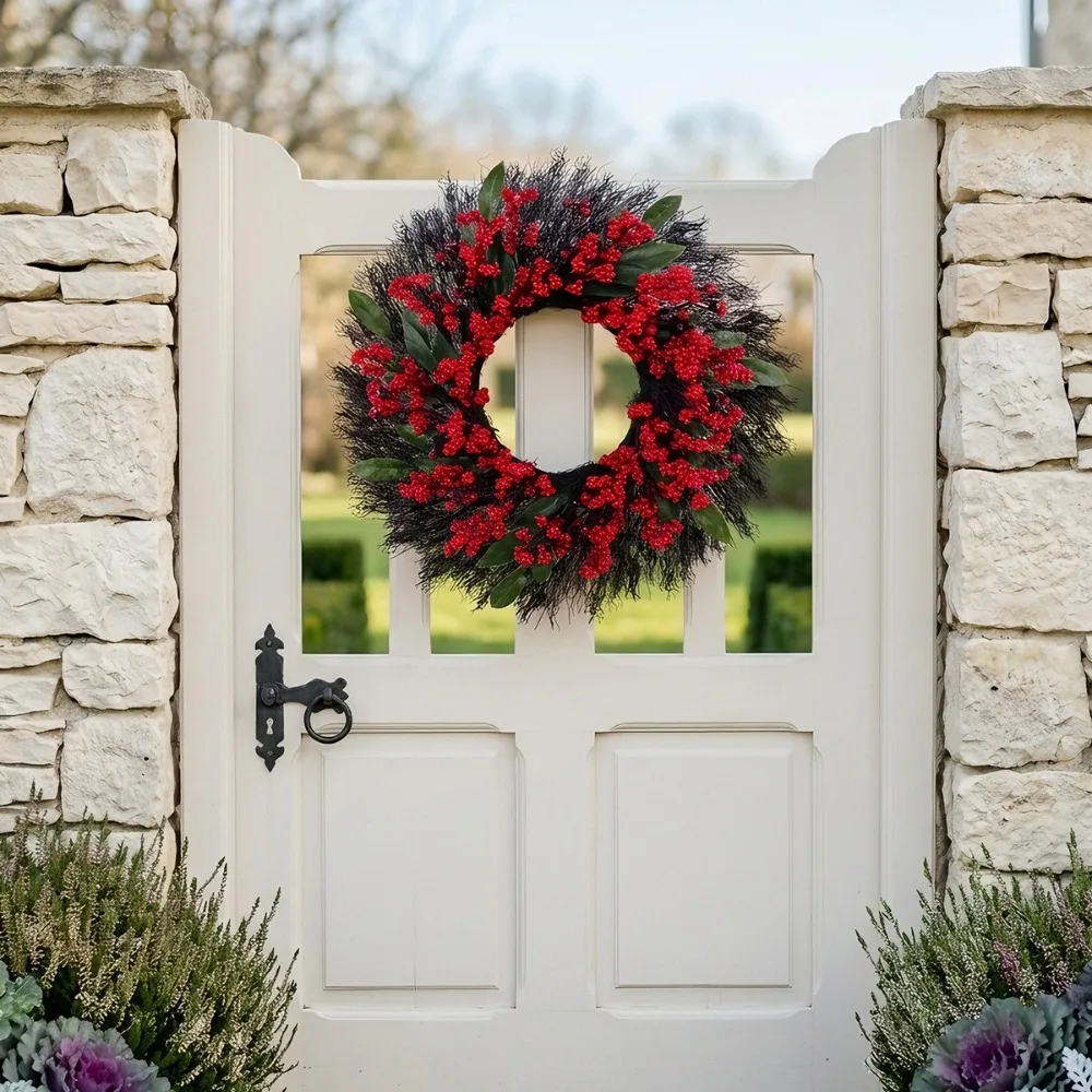 American-style Artificial Berry Holly Christmas Wreath 45 CM DIY Xmas Red Berry Garland Simulated Green Leaf Red Fruit Wreath