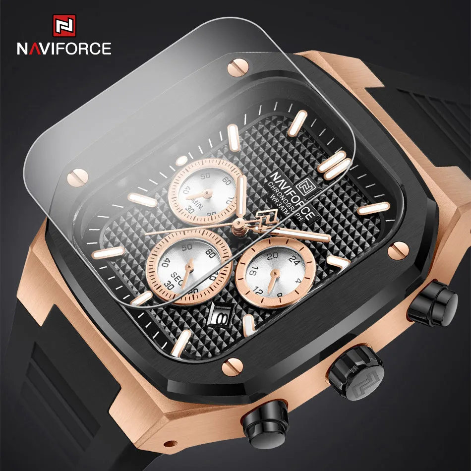 NAVIFORCE Men Quartz Watch Waterproof Square Dial Silicone Strap Wristwatches Chronograph Luminous Auto Date Clock Reloj Hombre