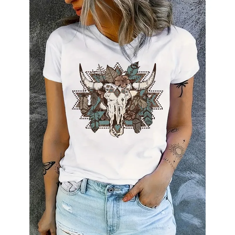 

Bull Skull Printed T-shirt Short Sleeve Round Neck Casual Top Four Seasons Comfortable Women's Fashion Women's Trendy T-shirt