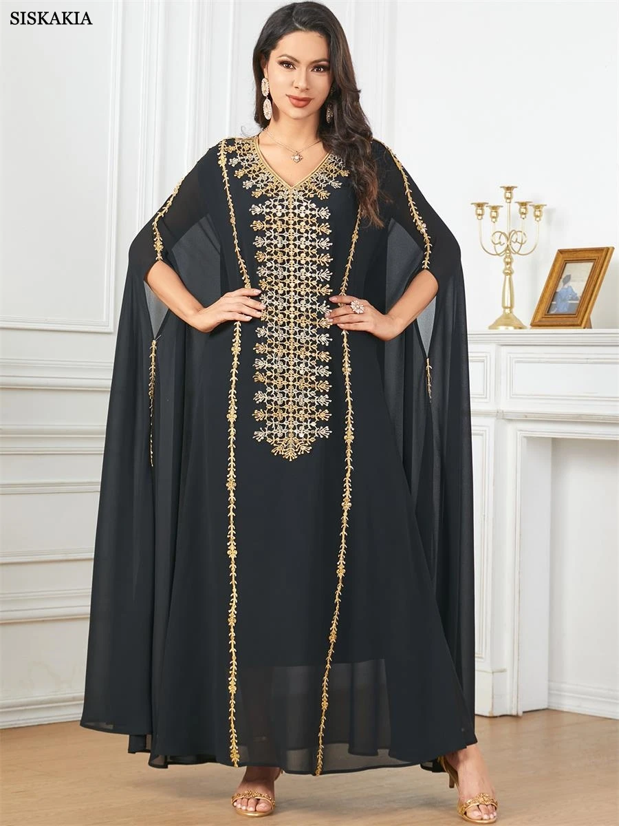 Siskakia Fashion Elegant Solid Appliques Party Long Dresses Moroccan Kaftan Islam Clothing Turkish African Abayas Super Sleeve