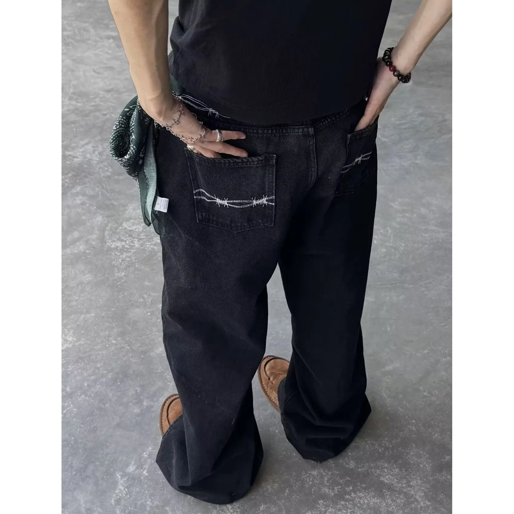 Men's Vintage Pattern Embroidery Black Jeans Summer Street Boy Casual Sweatpants Cowboy Pants Male High Waist Denim Trousers