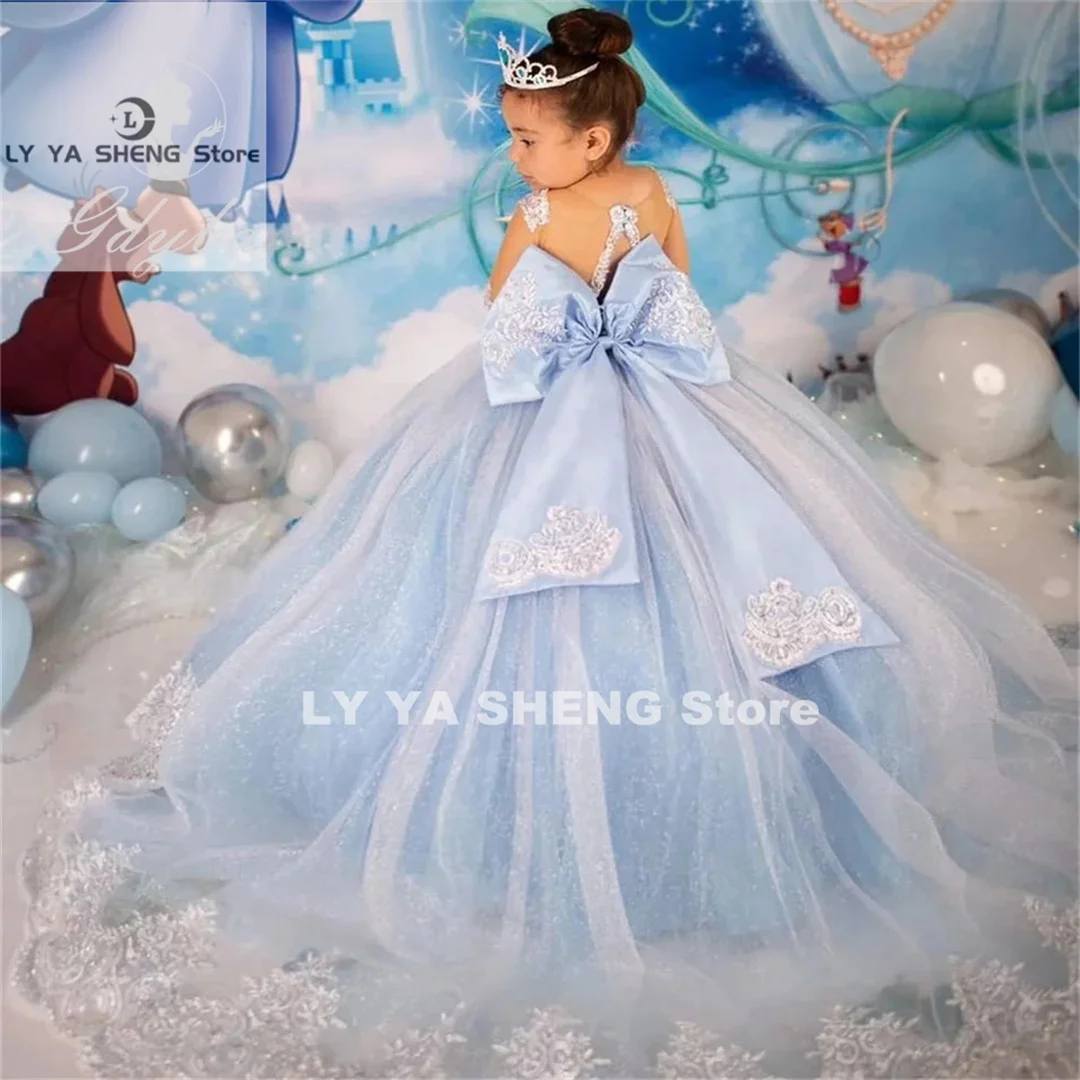 

Sky Blue Flower Girl Dress For Wedding Applique Tulle Fluffy With Bow First Communion Evening Party Pageant Prom Ball Gowns