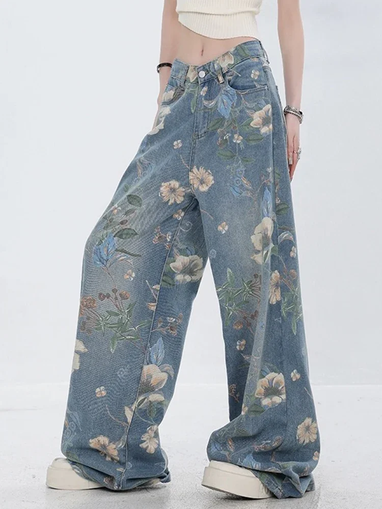 American Vintage Printing Contrast Color Street Female Wide Leg Pants Summer Basic Full Length Loose Casual Simple Women Jeans