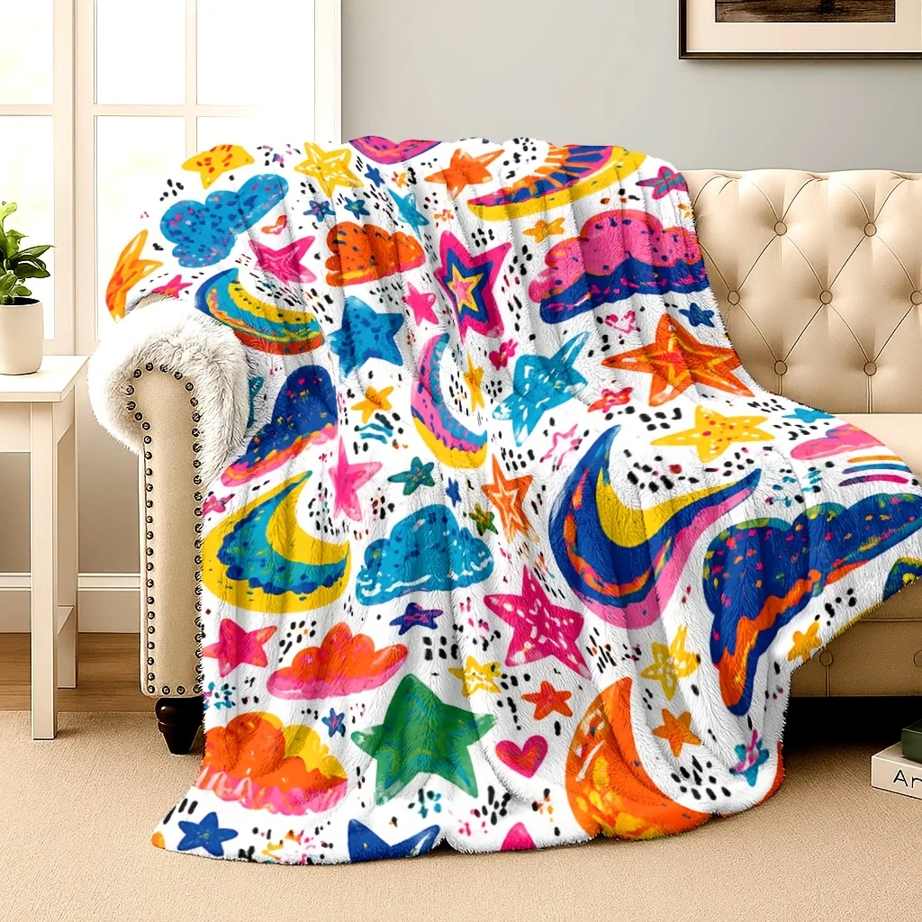 1pc Blanket Flannel Blanket, Rainbow Moon Stars All Seasons Applicable, Birthday And Holiday Gift, Suitable for Sofa Bed Office