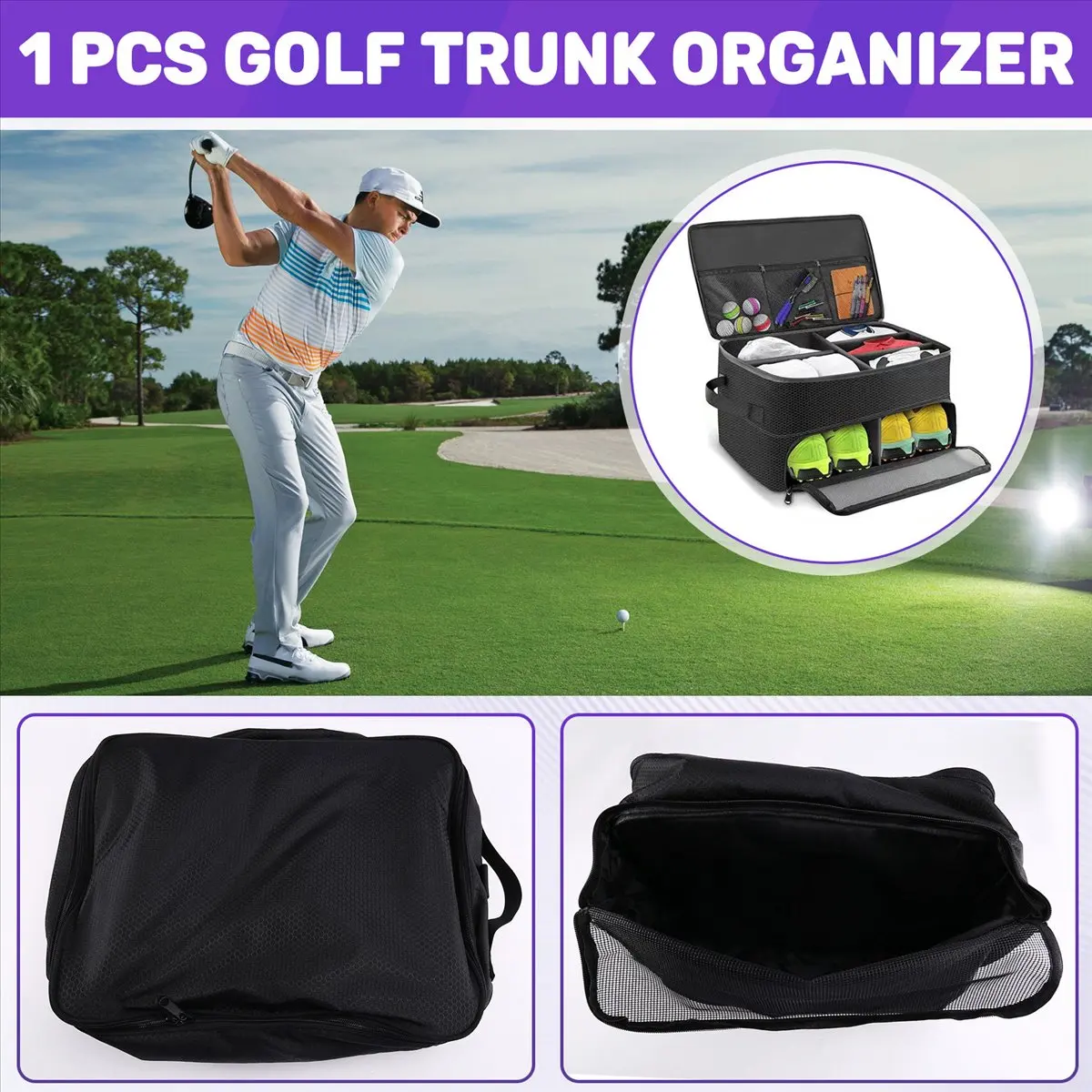 

(ABYM) Golf Trunk Organizer with Shoe Storage, Waterproof Car Trunk Locker Storage Box for Golf Accessories