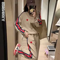 Korean Casual Set Women Long Sleeve Loose Sweatshirt+sweat Pants Heart-shaped Embroidered Sports 2 Pieces Sets Female 2023