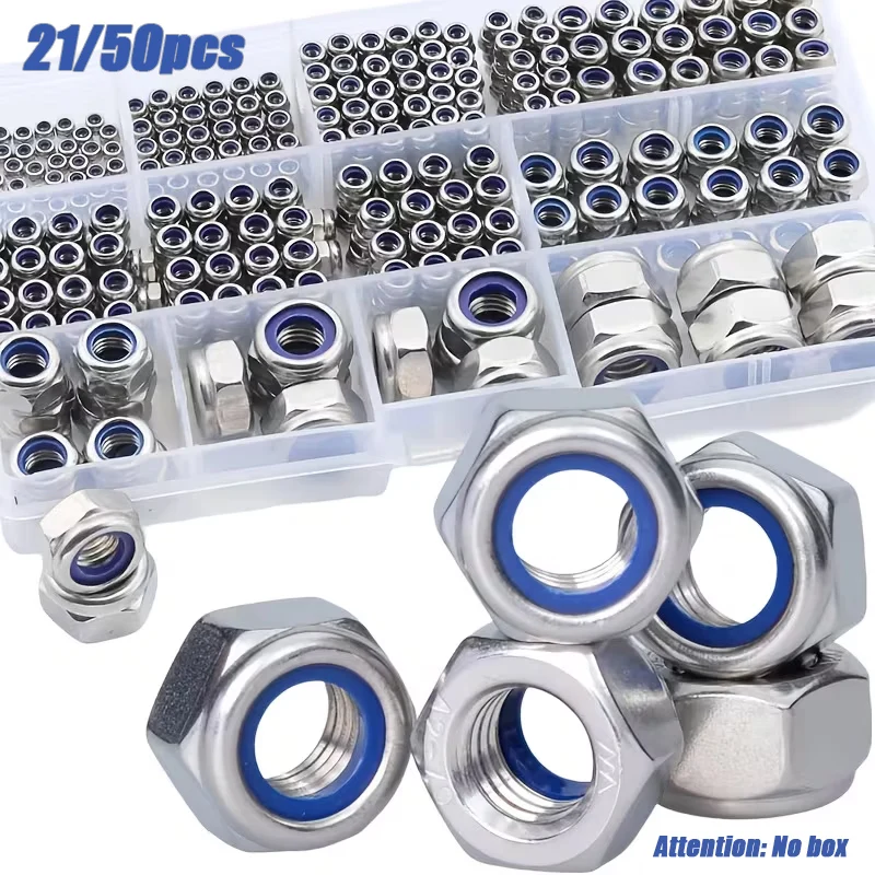 21pcs/50pcs 304 Stainless Steel Nylon Insert Hex Lock Nuts Kit - Metric M3-M12 Silver for Lock Washers Industrial Fastening