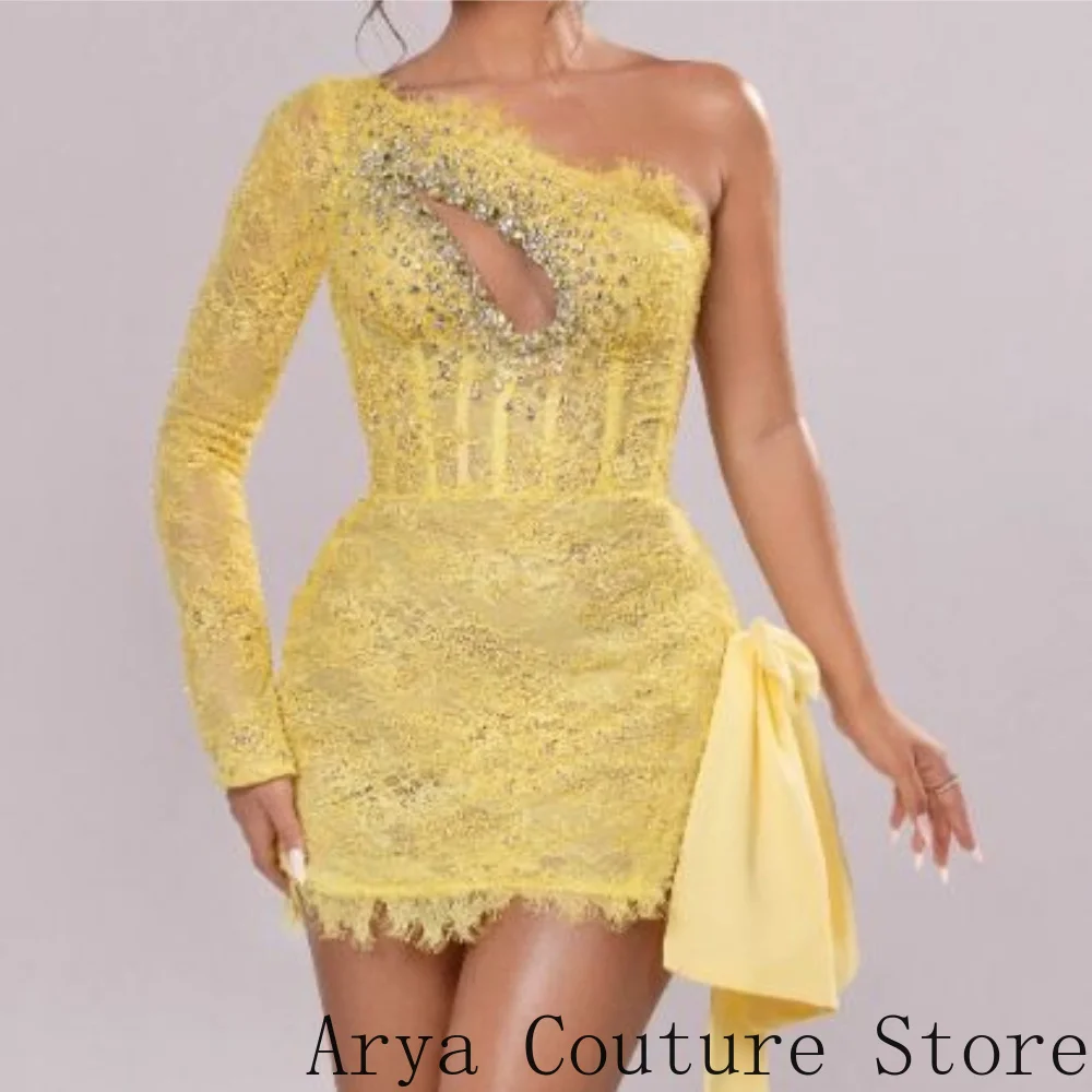 Yellow Lace Homecoming Mini Dress Chest Crystal Cutout Boned Corset Side Satin Bow Fringe Hem Short Cocktail Prom Dresses