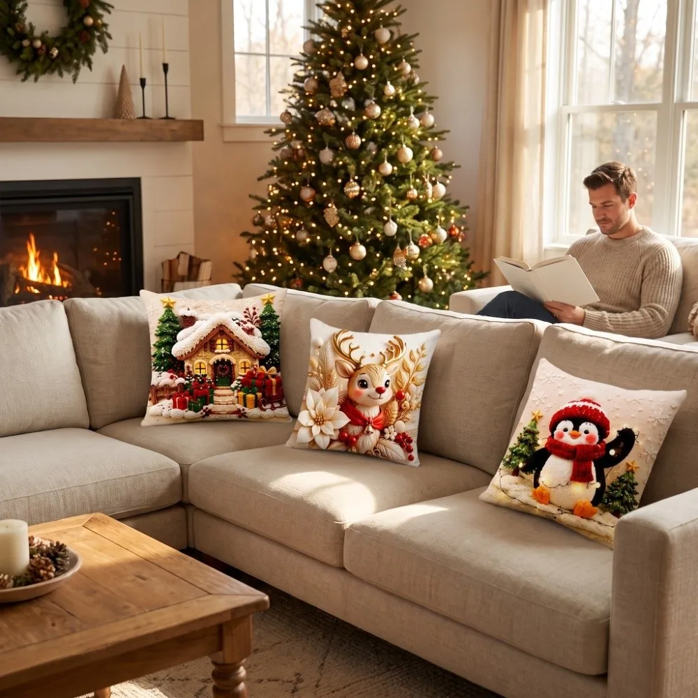 Home Decor Soft Christmas Pillow Covers Tree Reindeer Throw Cushion Case Penguin 2D Printed Xmas Pillowslip Home