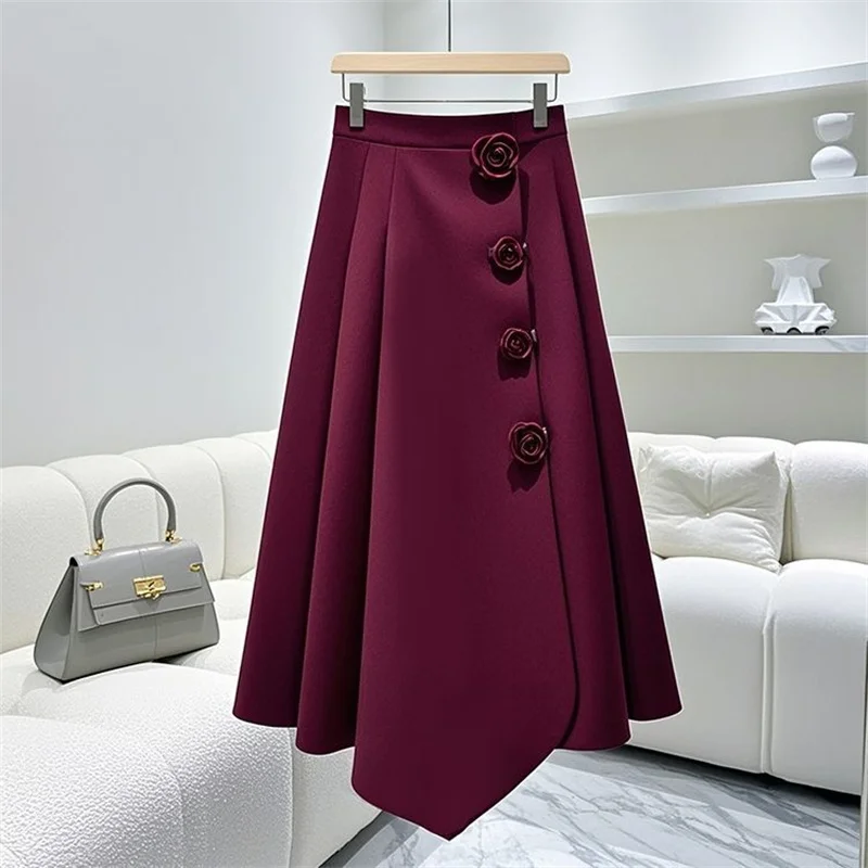 Autumn New Vintage 3d Flower A-Line Skirt For Women Solid Color High Waist Asymmetric Pleated Skirt Elegant Midi Party Jupe 373P