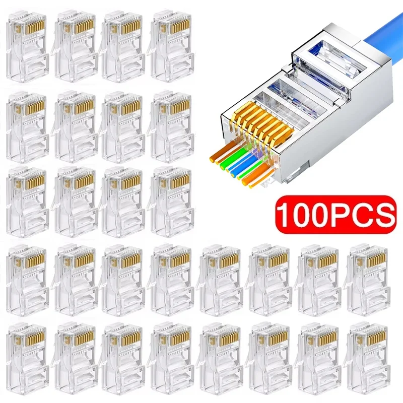 100Pcs/Set RJ45 CAT6 CAT5e Pass Through Connectors Crystal End Gold-Plated 8P8C Crimp UTP Standard Ethernet Network Modular Plug
