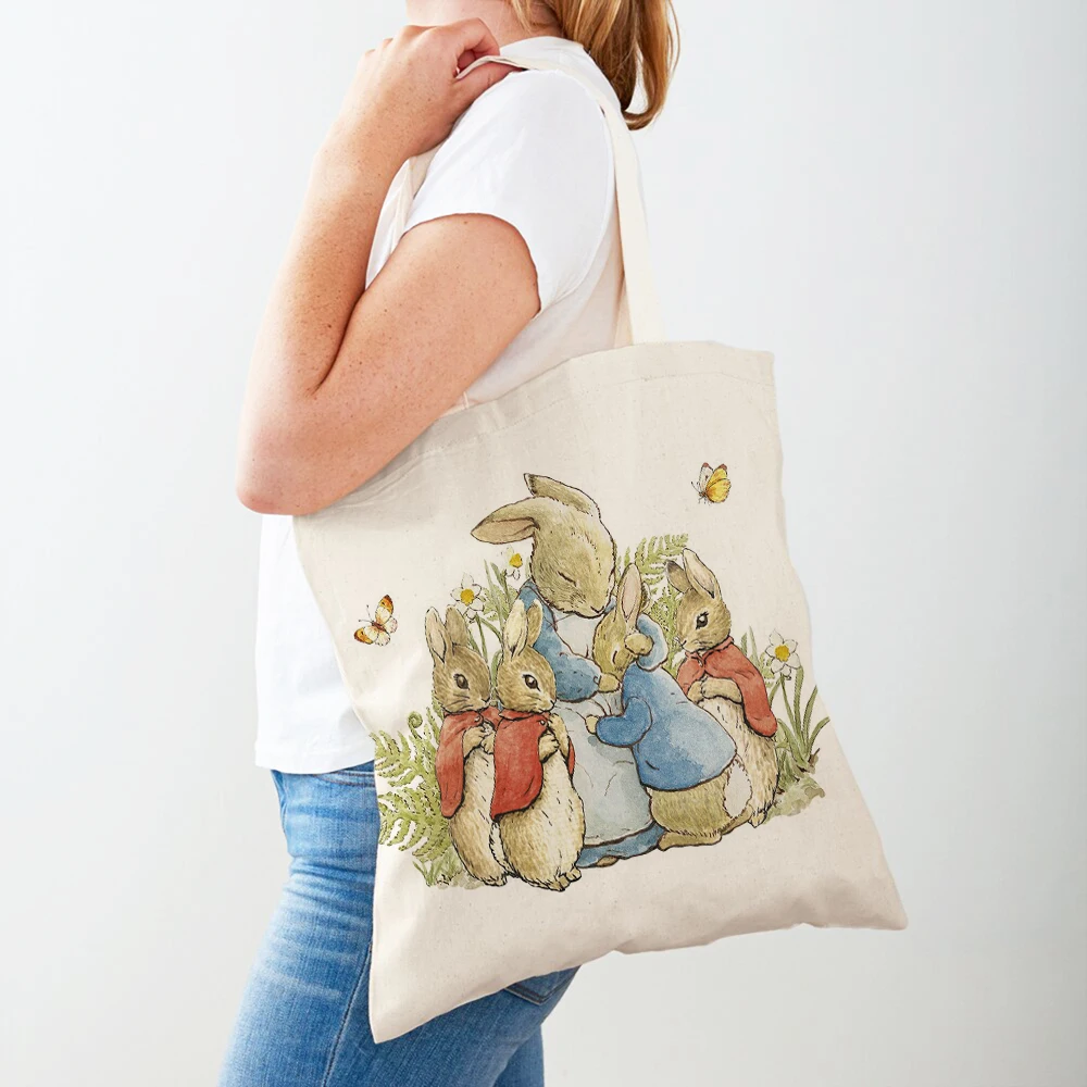 

Cute Cartoon Rabbit Children Tote Handbag Reusable Fashion Bunny Animal Shopper Bag Double Print Casual Canvas Shopping Bags