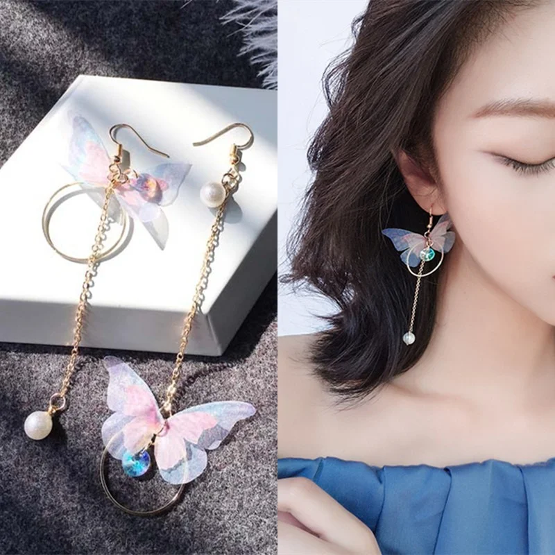 2023 New Korean Retro Asymmetric Butterfly Imitation Pearl Earrings Fashion Round Flower Long Statement Wings Earrings Jewelry