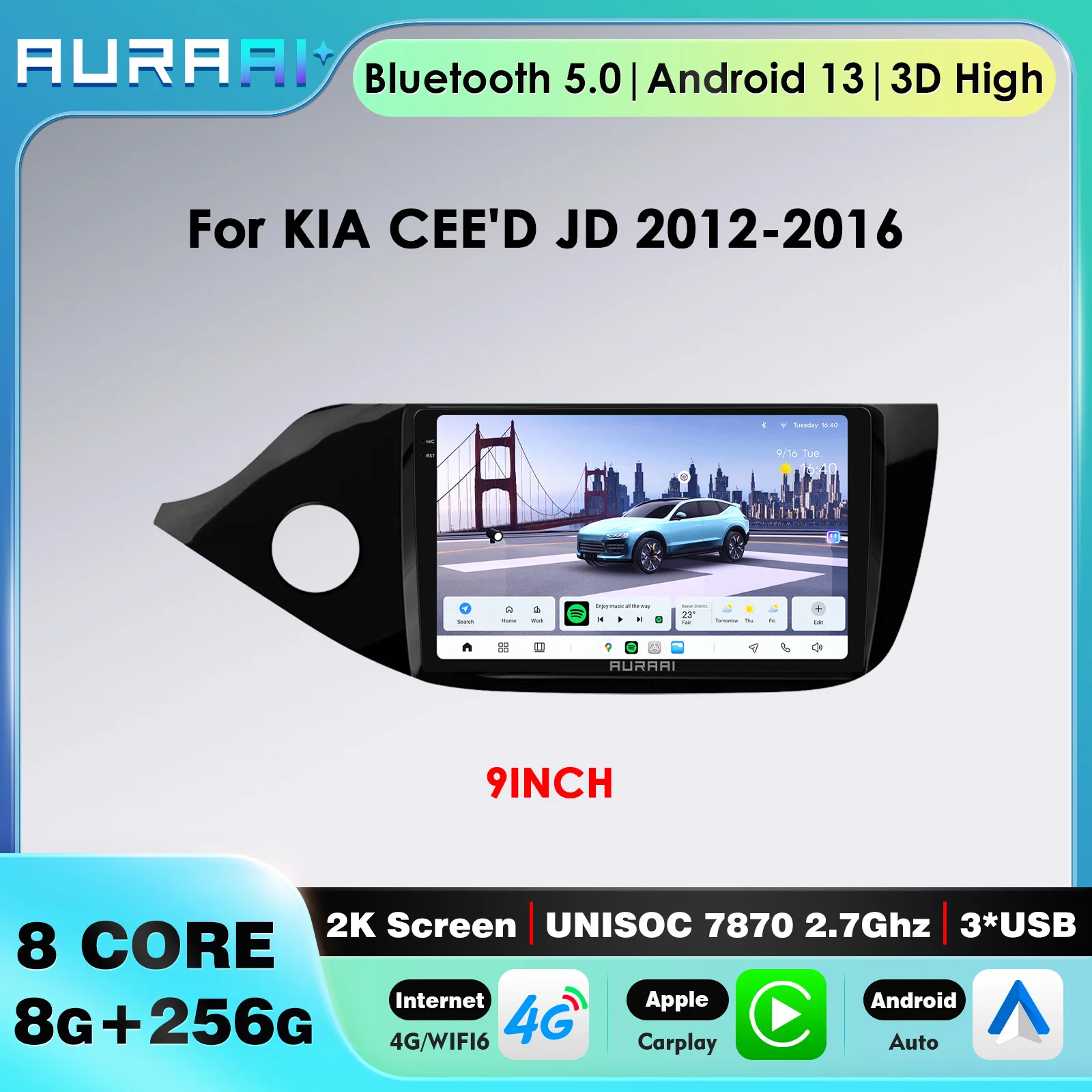 

AURAAI Car Carplay Android Auto для KIA CEE'D JD 2012-2016 Автомобильный интеллектуальный экран DSP Мультимедиа Авторадио GPS ADAS 360 камера