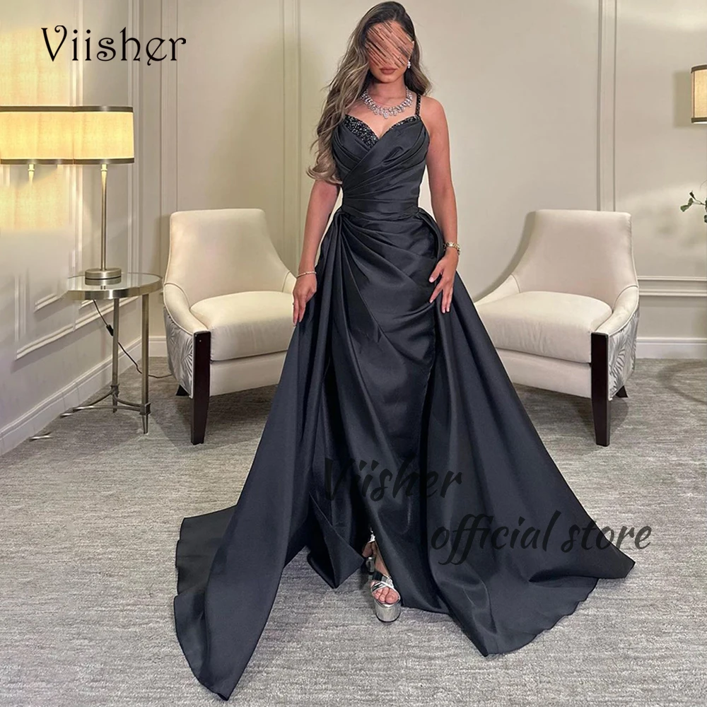 

Black Mermaid Evening Dresses for Women Beaded Satin Arabic Dubai Prom Party Dress with Train Long Formal Occasion Gowns