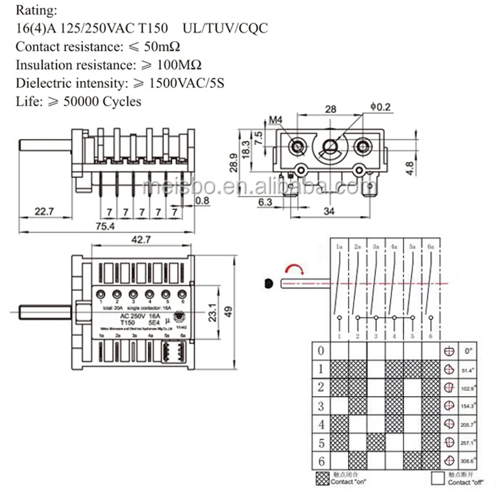 16A T150 AC Oven Switch 4/6Gear Position Electric Heater Switch 6/11pin Knob Rotary Selector Switch Temperature Control Switch