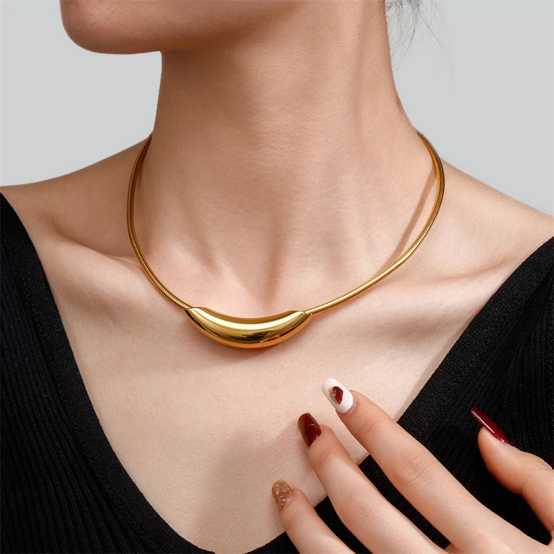 Kuziduocai Waterproof Stainless Steel Popular Choker Light Necklace Women Statement Metal 18K Gold Plated Trendy Fashion Jewelry