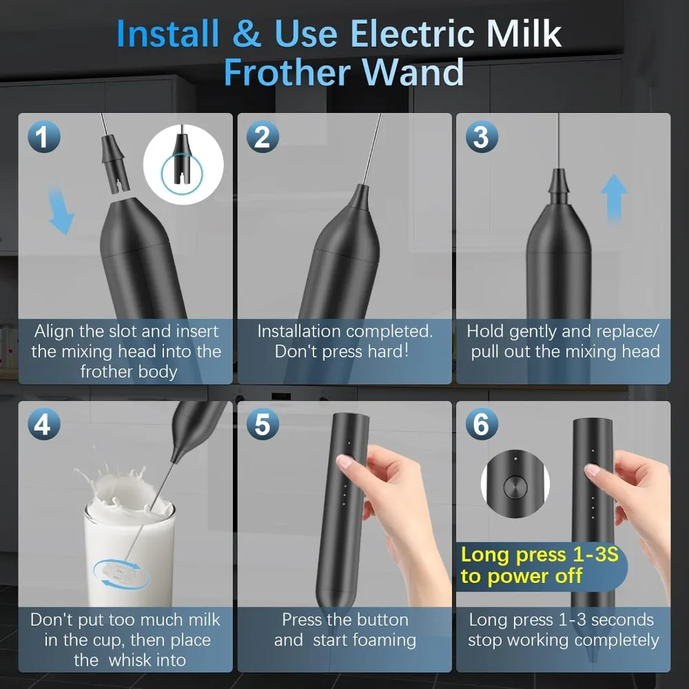 Rechargeable Milk Frother with Stand, Electric Handheld Foam Maker, Detachable Stainless Steel Whisk for Latte, Cappuccino, Hot Chocolate, Black - view 4