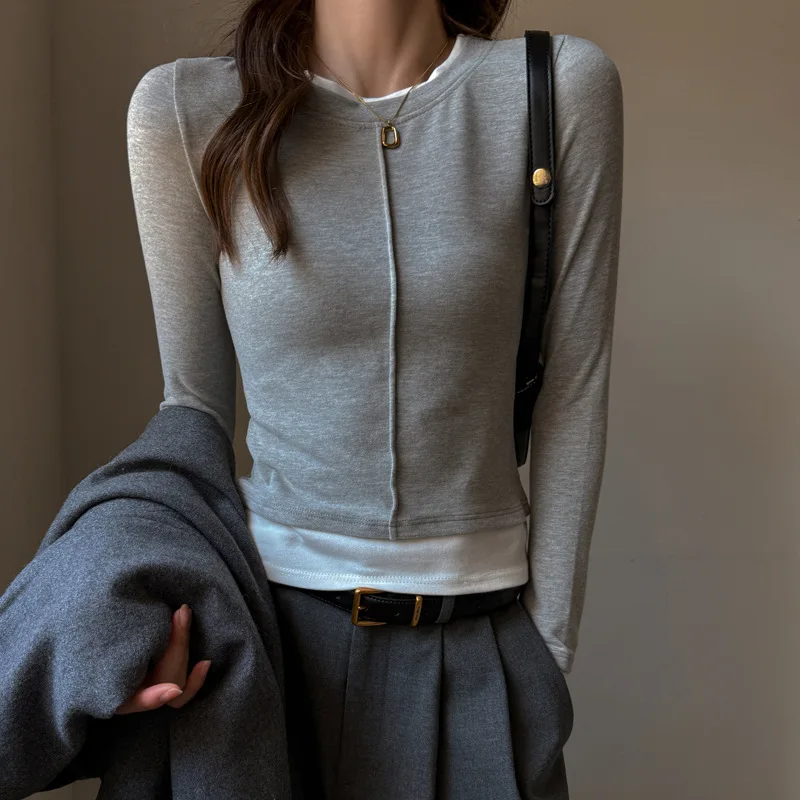 Long sleeved T-shirt 2026 Spring and Autumn Round Neck Fake Two Piece Interior Bottom Shirt Women Can Wear Outer Top