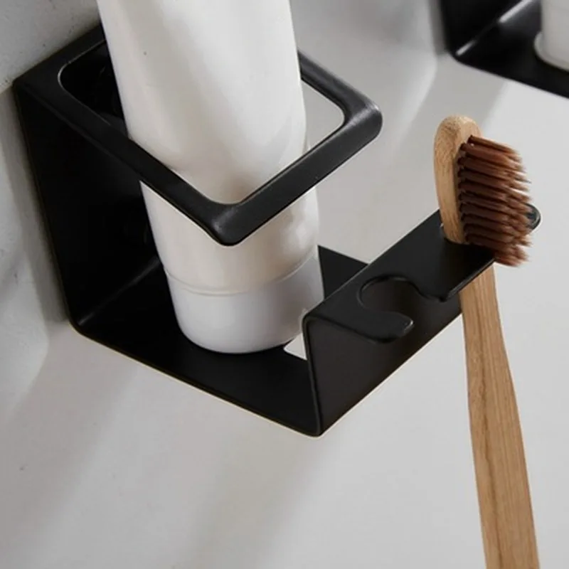 Self-adhesive Wall Mount Stainless Steel Toothbrush Holder Punch-free Toothpaste Organizer Mouthwash Cup Stand Bathroom Tools